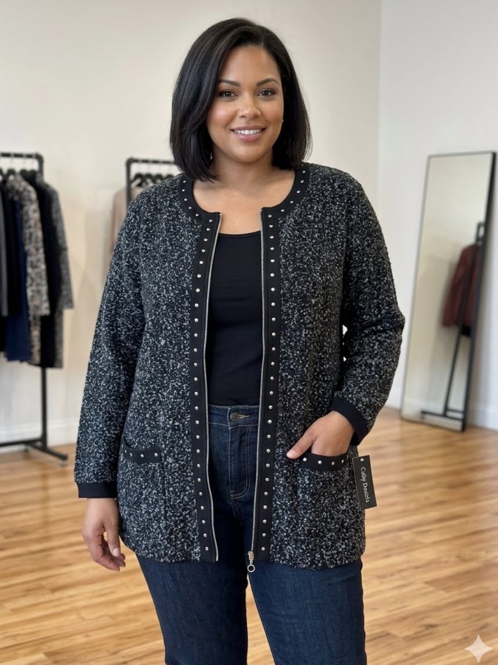 Cathy Daniel’s full-zip cardigan sweater with pockets and Studded embellishments